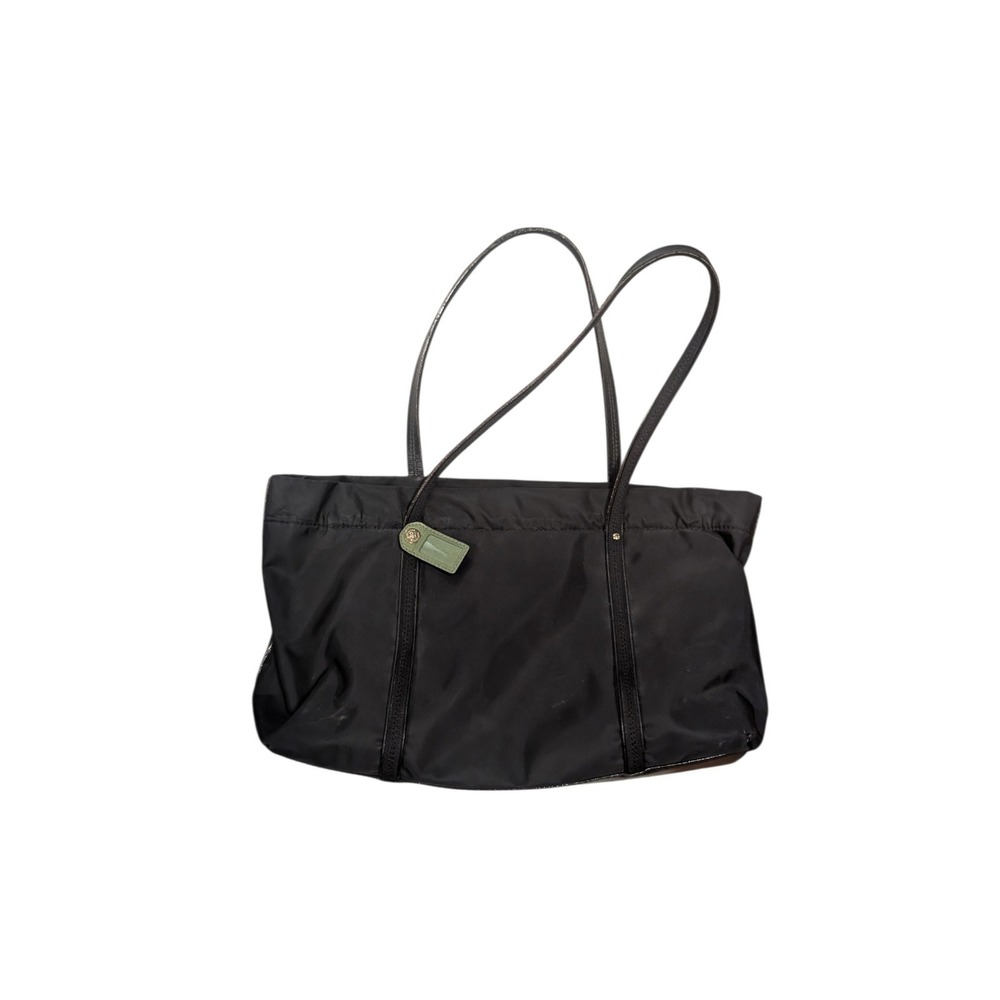 Kate Spade New York Black Nylon Leather Trim Shoulder Tote Bag Green Polka Dot